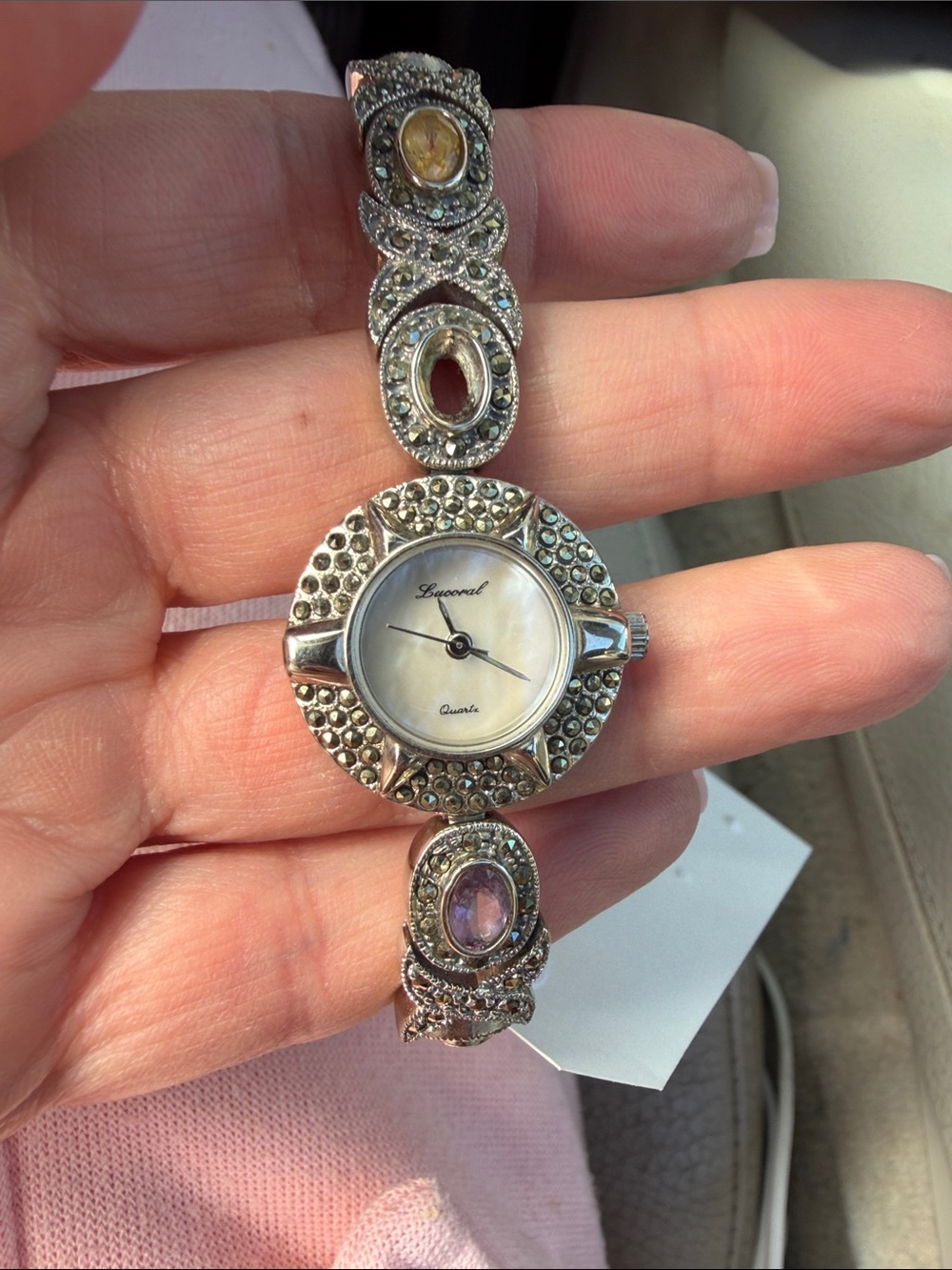Lucoral Silver-Tone Marcasite Round Dial Bracelet Watch - Mother of Pearl